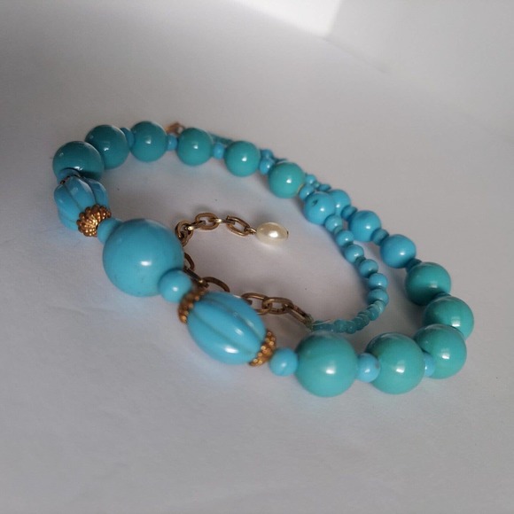 Vintage Japan Two Tone Blue Bead Necklace Single Strand Graduated Ribbed Aqua - Picture 4 of 6
